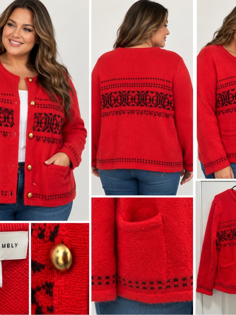 Red Patterned Knit Cardigan with Gold Buttons